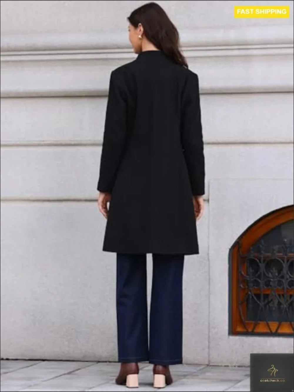 Pea Coat Stand Collar Single Breast Long Winter Coat with Pockets